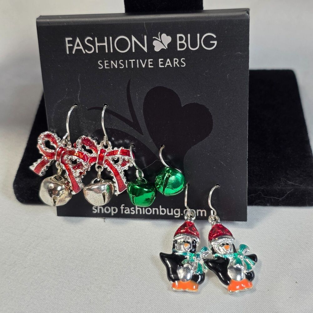 Fashion Bug Christmas Earring Lot Bows Jingle Bells Penguins Sensitive Ears 3Pr